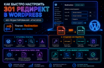 Kak bystro nastroit 301 redirekt v WordPress bez redaktirovaniya htaccess — illyustraciya dlya SEO bloga Leonova Denisa