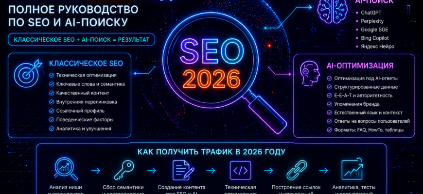 SEO prodvizhenie sajta v 2026 godu — polnoe rukovodstvo po SEO i AI poisku — illyustraciya dlya SEO bloga Leonova Denisa